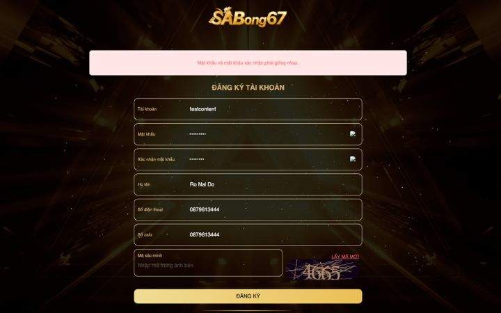 Đăng ký chưa thành công